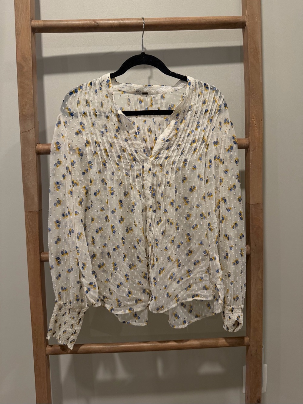 Free People White Blouse with Blue & Yellow Floral Print